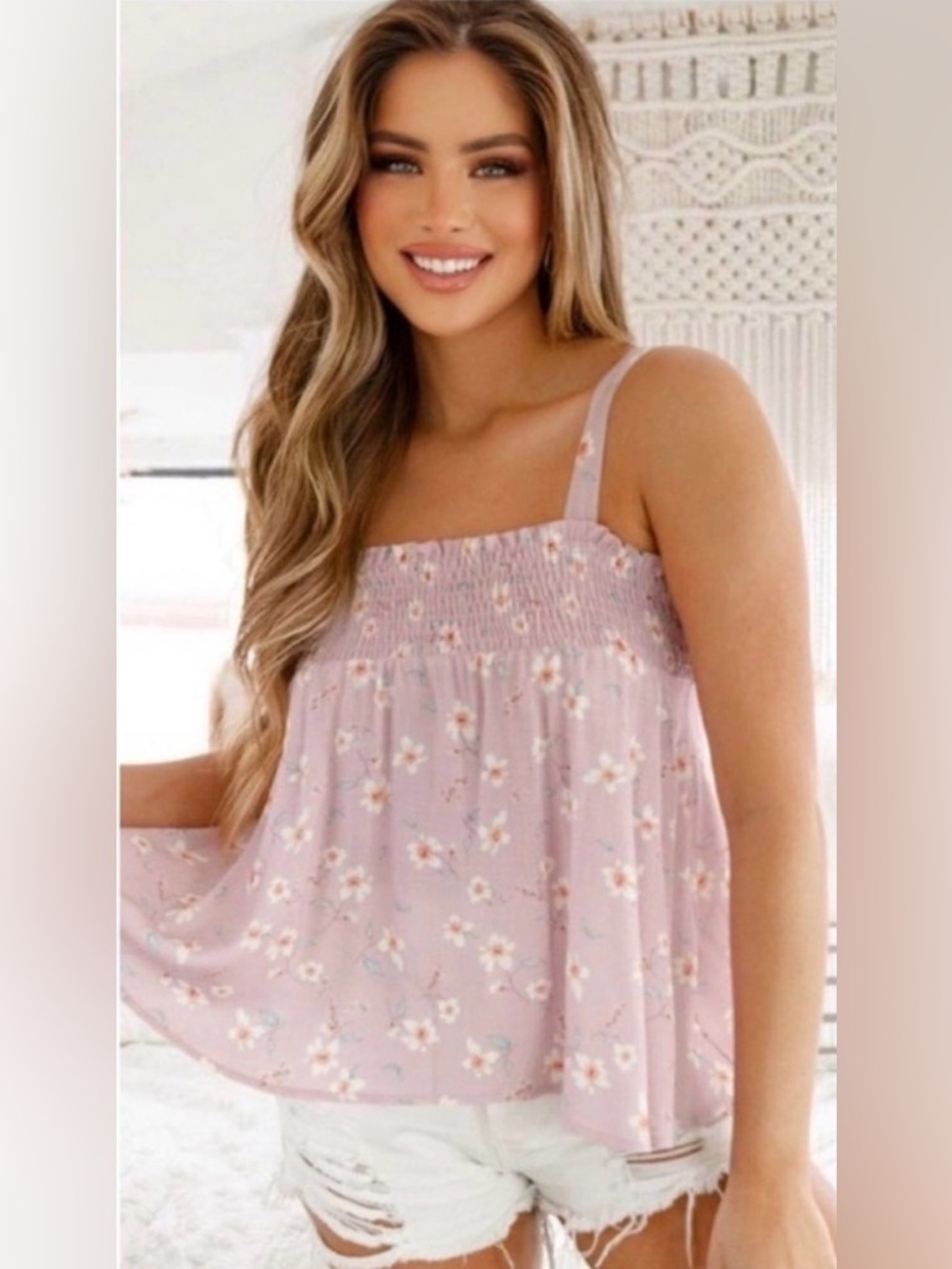 New Lavender Floral Smocked Cute Women's Summer Flowy Tank Top Blouse Top
